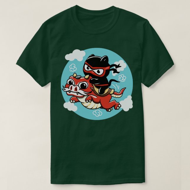 Kawaii Ninja Cat Riding a Red Dragon T Shirt (Design framsida)