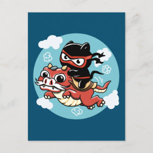 Kawaii Ninja Cat Riding a Red Dragon Vykort