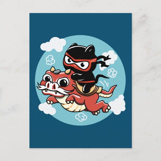Kawaii Ninja Cat Riding a Red Dragon Vykort (Framsida)