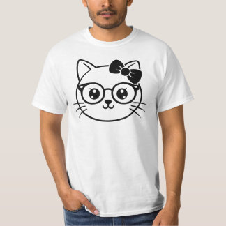 Kawaii Nördigt Kattansikte med Glasögon och Båge L T Shirt