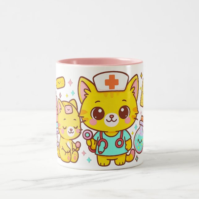 Kawaii Nurse Cat Duo Två-Tonad Mugg (Center)