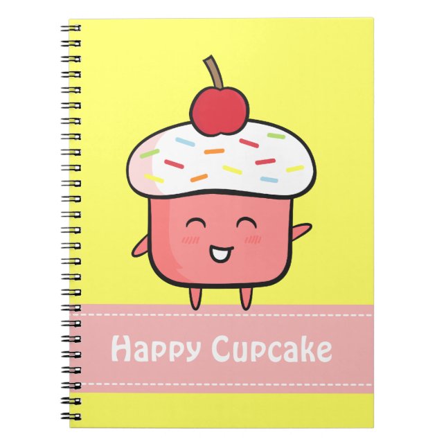 Kawaii och Glad Rosa Cupcake med Körsbär Anteckningsbok (Framsidan)