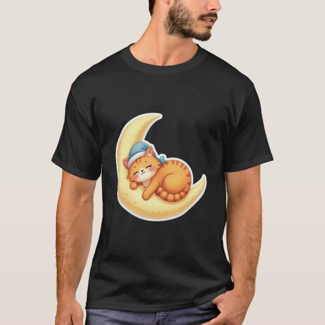 Kawaii Orange Cat Sleeping on Crescent Moon T Shirt (Framsida)