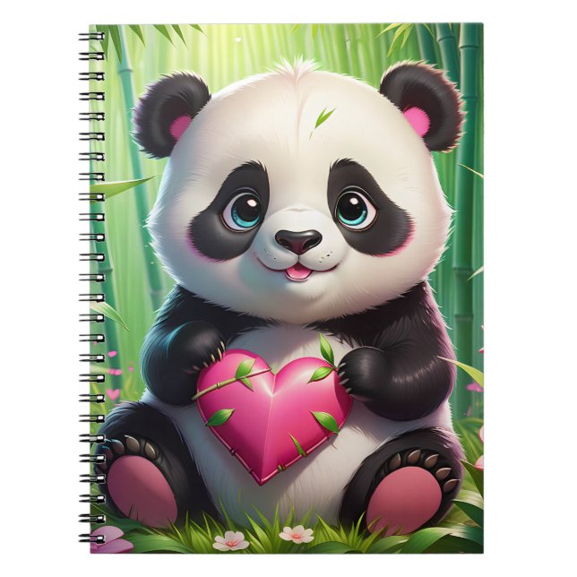 Kawaii Panda Holding Heart i en bamboskog Anteckningsbok (Framsidan)