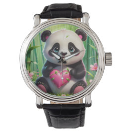 Kawaii Panda Holding Heart i en bamboskog Armbandsur