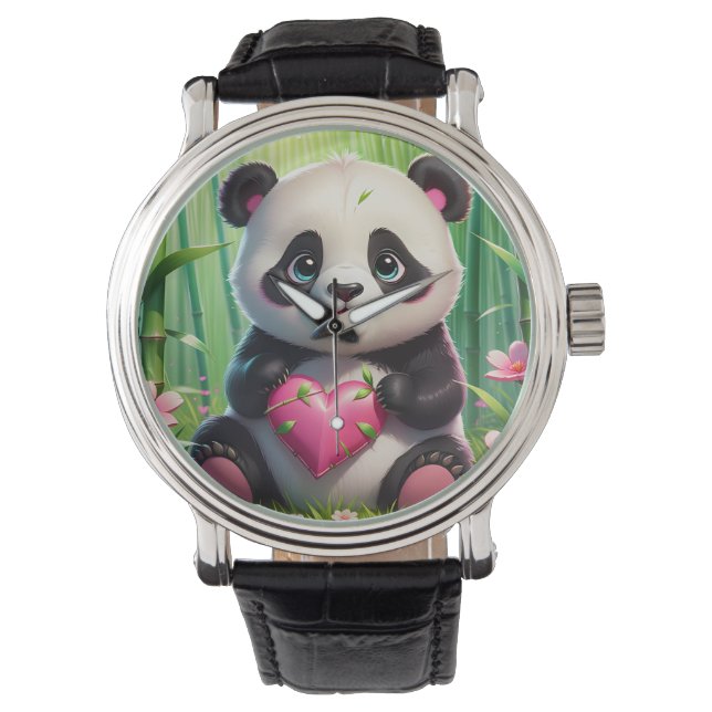 Kawaii Panda Holding Heart i en bamboskog Armbandsur (Framsida)