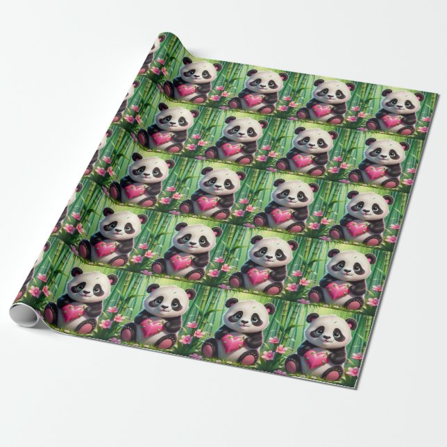 Kawaii Panda Holding Heart i en bamboskog Presentpapper (Utrullad)