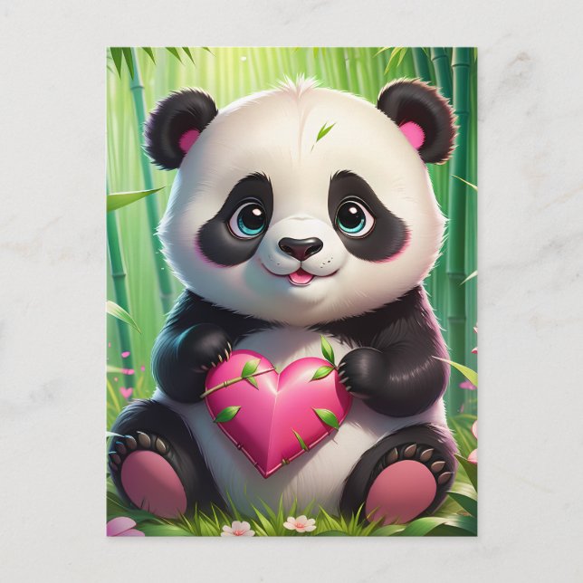 Kawaii Panda Holding Heart i en bamboskog Vykort (Framsida)