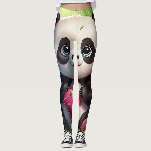 Kawaii Panda Holding Heart in a Bamboo Forest Leggings (Framsida)