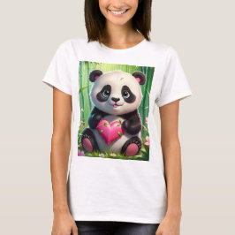 Kawaii Panda Holding Heart in a Bamboo Forest T Shirt