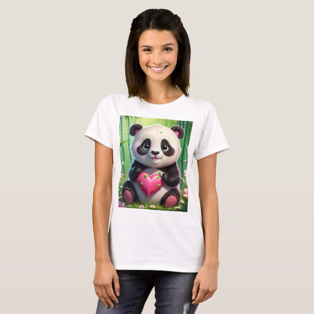 Kawaii Panda Holding Heart in a Bamboo Forest T Shirt (Hel framsida)