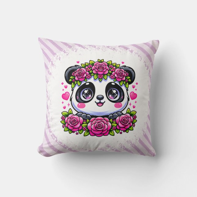 Kawaii Panda med Hearts och Ro Kudde (Framsida)