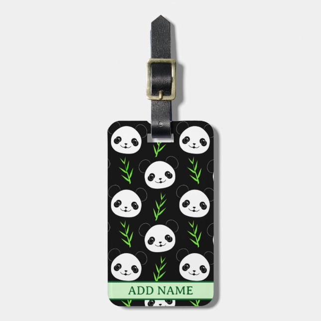Kawaii Panda Mönster Bamboo in Black White Grönt Bagagebricka (Vertikal Framsida)