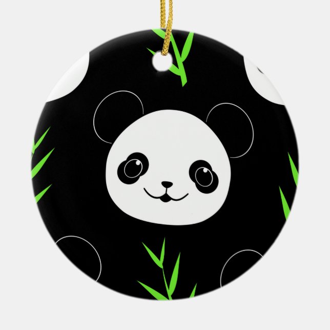 Kawaii Panda Mönster Bamboo in Black White Grönt Julgransprydnad Keramik (Framsidan)