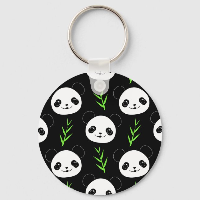 Kawaii Panda Mönster Bamboo in Black White Grönt Nyckelring (Framsida)