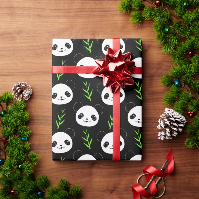 Kawaii Panda Mönster Bamboo in Black White Grönt Presentpapper (Julgåva)