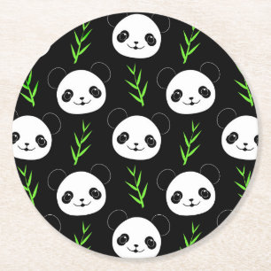 Kawaii Panda Mönster Bamboo in Black White Grönt Underlägg Papper Rund