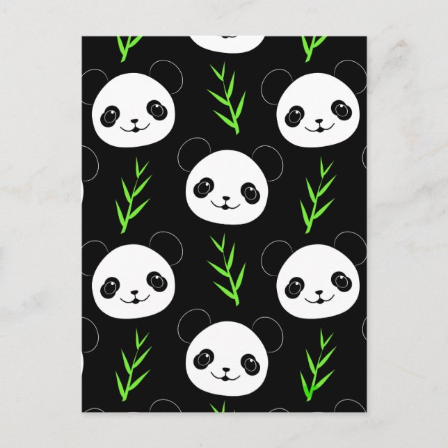 Kawaii Panda Mönster Bamboo in Black White Grönt Vykort (Framsida)