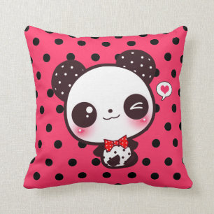 Kawaii panda på svart polka dots kudde