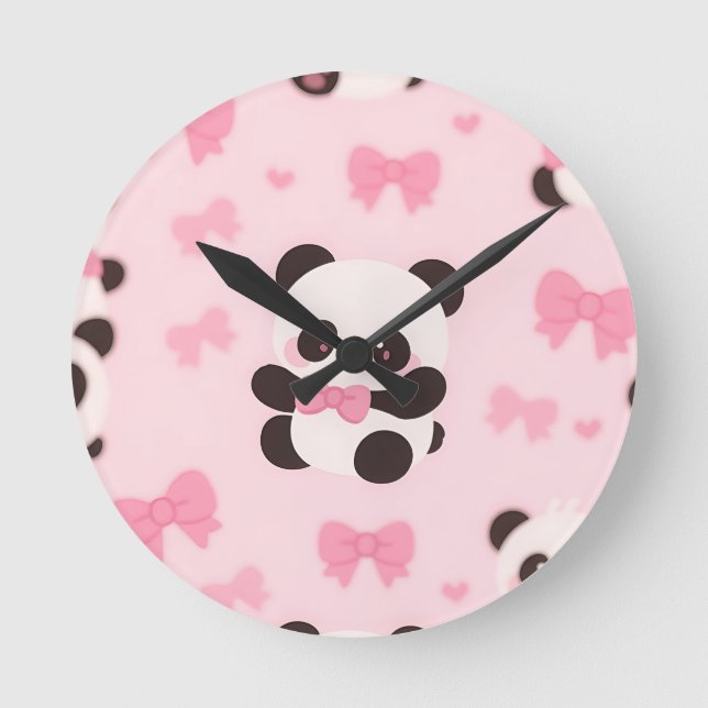 Kawaii Panda Rosa Bågmönster Rund Klocka (Framsida)