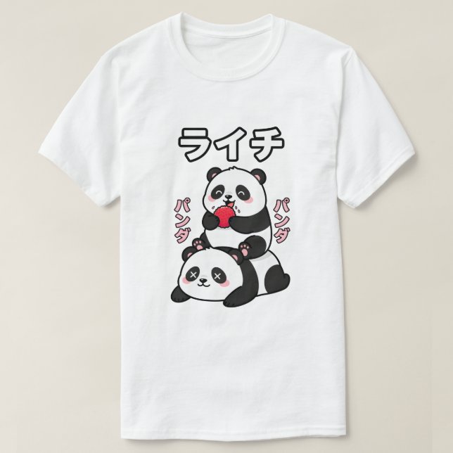 Kawaii Panda Stack Lychee Fruit Japanese Cartoon T Shirt (Design framsida)