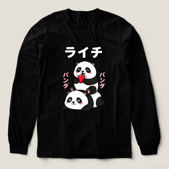 Kawaii Panda Stack Lychee Fruit Japanese Cartoon T Shirt (Design framsida)