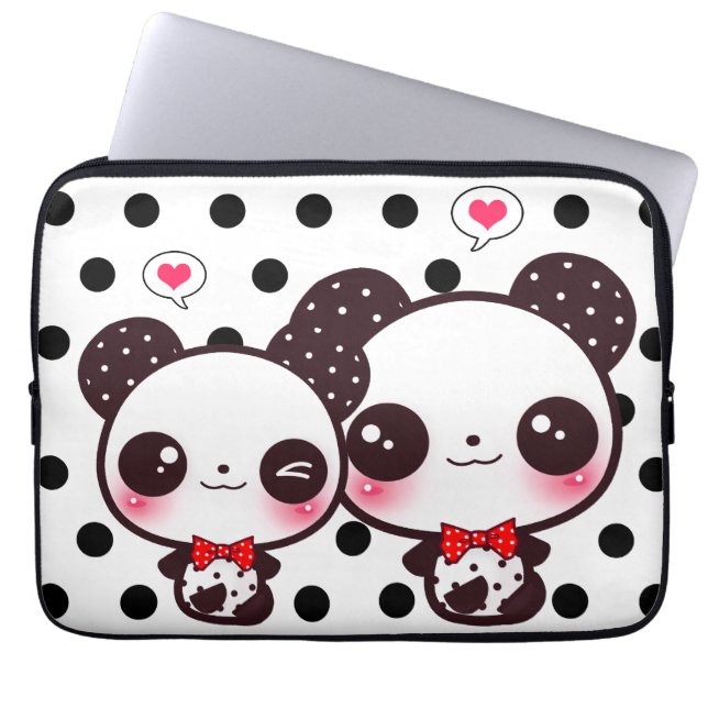 Kawaii pandas på svart polka dots laptop fodral (Framsidan)