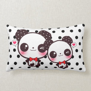 Kawaii pandas på svart polka dots lumbarkudde