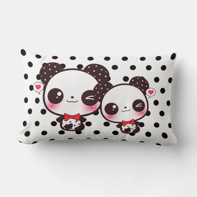 Kawaii pandas på svart polka dots lumbarkudde (Framsida)