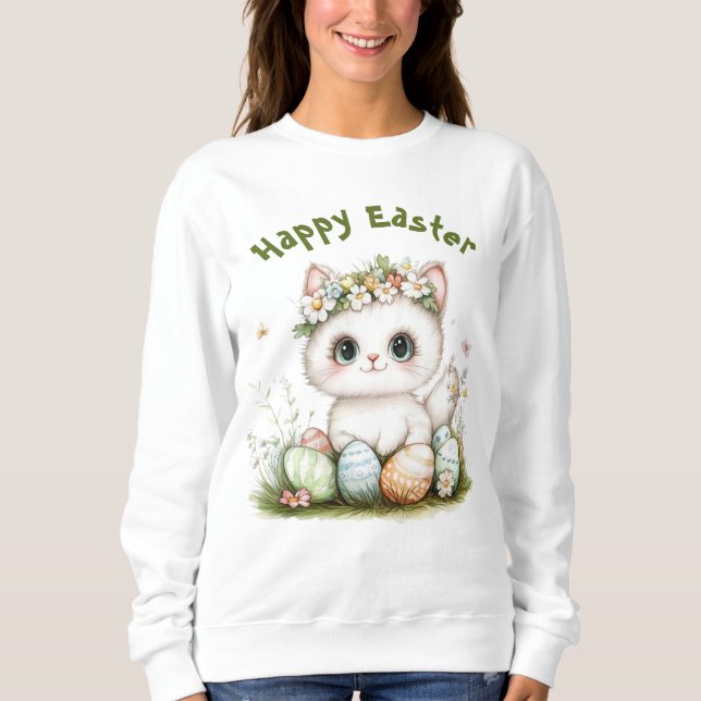Kawaii Påsk Cat Sweatshirt - Cute Kattunge Påsk T Shirt (Framsida)