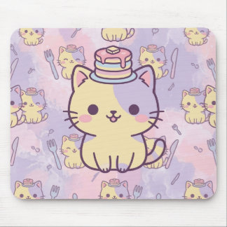 Kawaii Pastel Cat with Pancakes Pattern Mouse Pad Musmatta