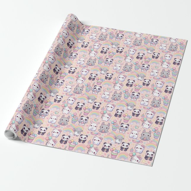 Kawaii Pastel Cats och Bunnies Tapet Presentpapper (Utrullad)