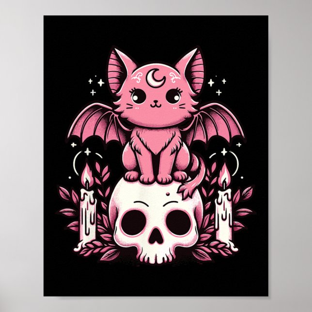 Kawaii Pastel Goth Creepy Cat Fladdermus Skeleton  Poster (Framsidan)