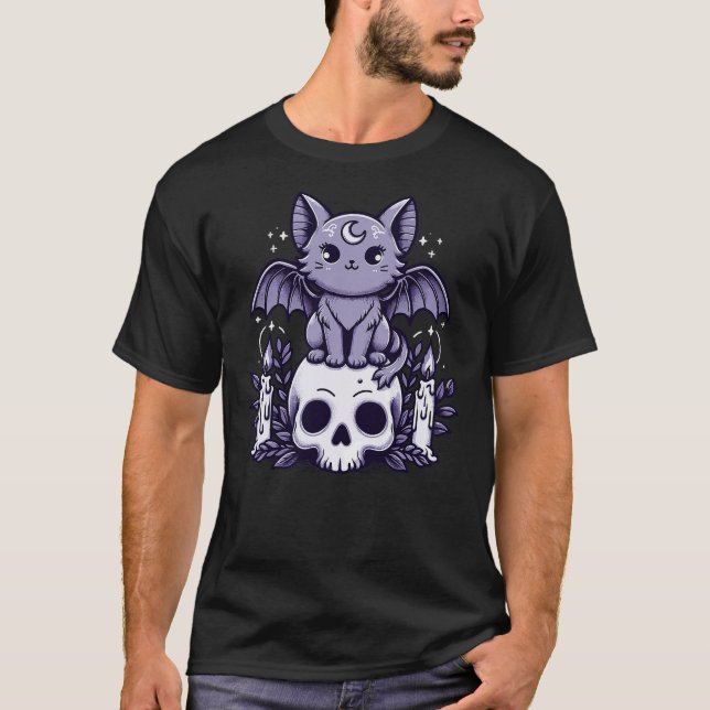 Kawaii Pastel Goth Cute Creepy Cat Bat Skeleton T Shirt (Framsida)
