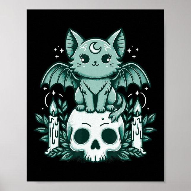 Kawaii Pastel Goth Cute Creepy Cat Fladdermus Skel Poster (Framsidan)