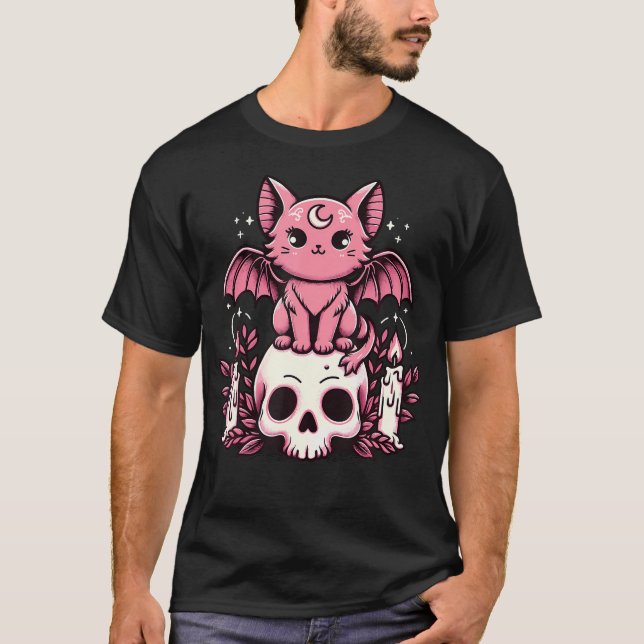 Kawaii Pastel Goth Cute Creepy Cat Fladdermus Skel T Shirt (Framsida)
