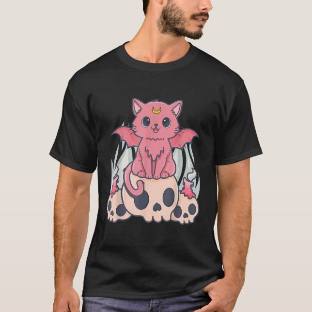 Kawaii Pastel Goth Cute Creepy Demon Cat and Skull T Shirt (Framsida)