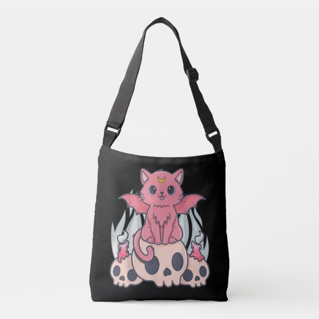 Kawaii Pastel Goth Cute Creepy Demon Cat och Skull Axelväska (Framsida)