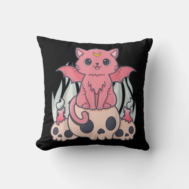Kawaii Pastel Goth Cute Creepy Demon Cat och Skull Kudde (Framsida)