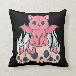 Kawaii Pastel Goth Cute Creepy Demon Cat och Skull Kudde