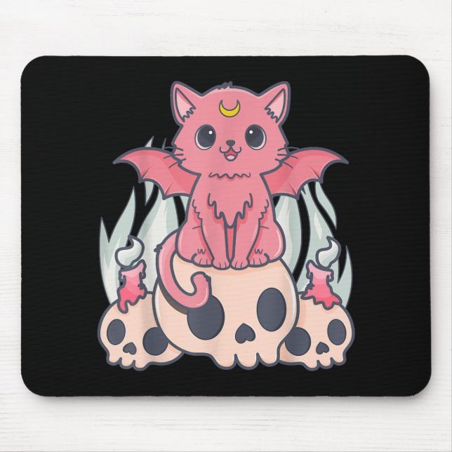 Kawaii Pastel Goth Cute Creepy Demon Cat och Skull Musmatta (Framsidan)