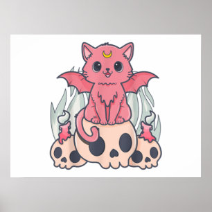 Kawaii Pastel Goth Cute Creepy Demon Cat och Skull Poster