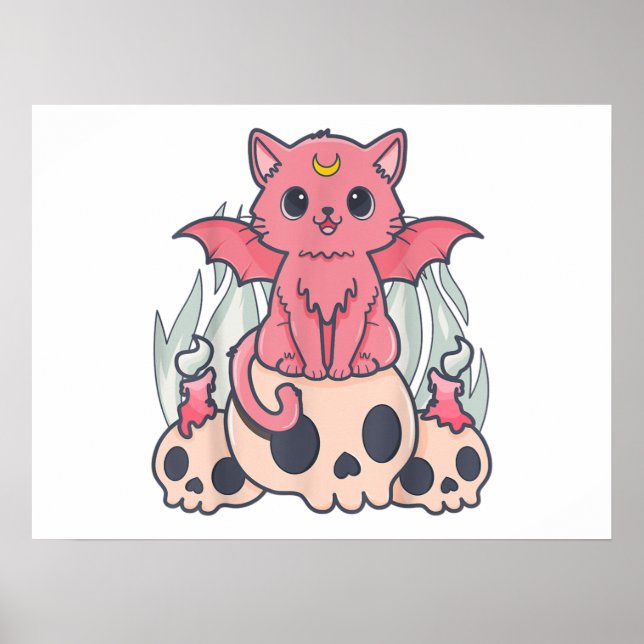 Kawaii Pastel Goth Cute Creepy Demon Cat och Skull Poster (Framsidan)