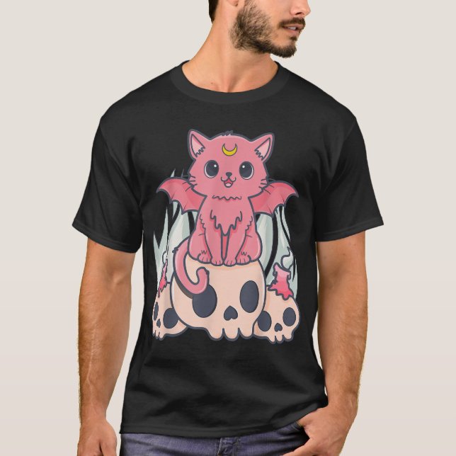 Kawaii Pastel Goth Cute Creepy Demon Cat och Skull T Shirt (Framsida)