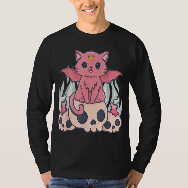 Kawaii Pastel Goth Cute Creepy Demon Cat och Skull T Shirt (Framsida)