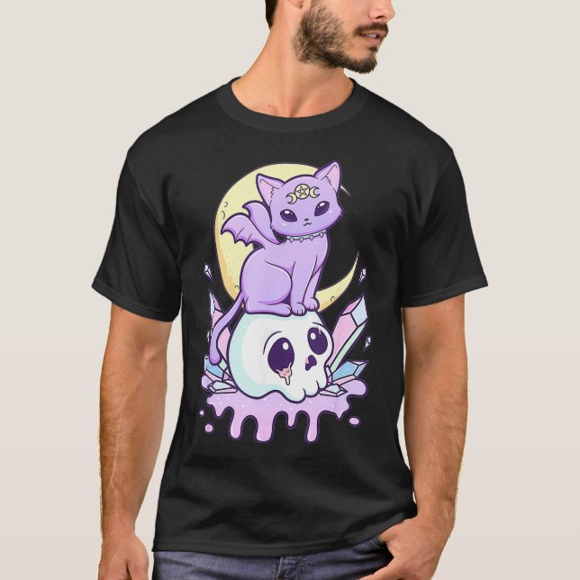 Kawaii Pastel Goth Cute Creepy Witchy Cat and Skul T Shirt (Framsida)