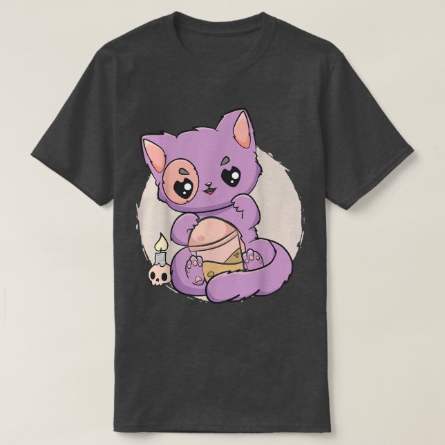 Kawaii Pastel Goth Cute Creepy Witchy Cat Boba Ani T Shirt (Design framsida)