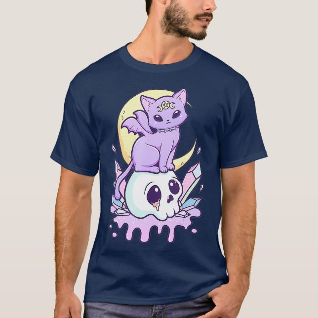 Kawaii Pastel Goth Cute Creepy Witchy Cat och T Shirt (Framsida)