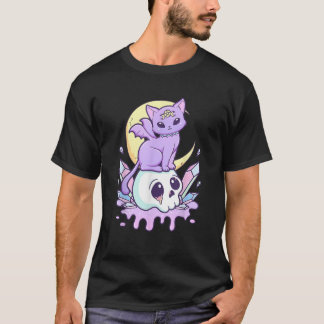 Kawaii Pastel Goth Cute Scary Witchy Cat and Skull T Shirt