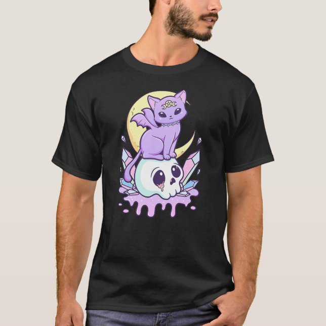 Kawaii Pastel Goth Cute Scary Witchy Cat and Skull T Shirt (Framsida)